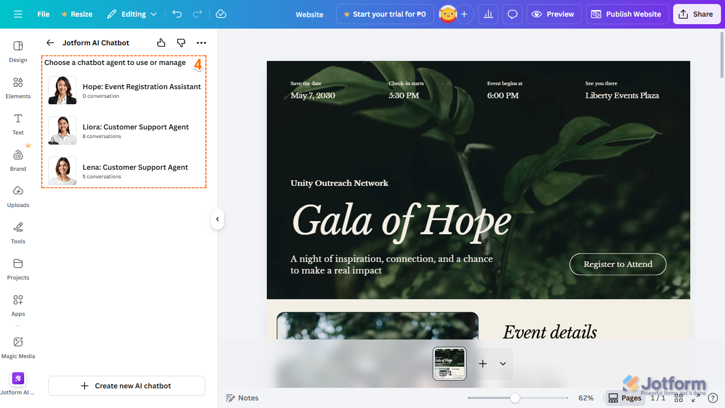 Choose a chatbot agent to use or manage section in the Jotform AI Chatbot screen