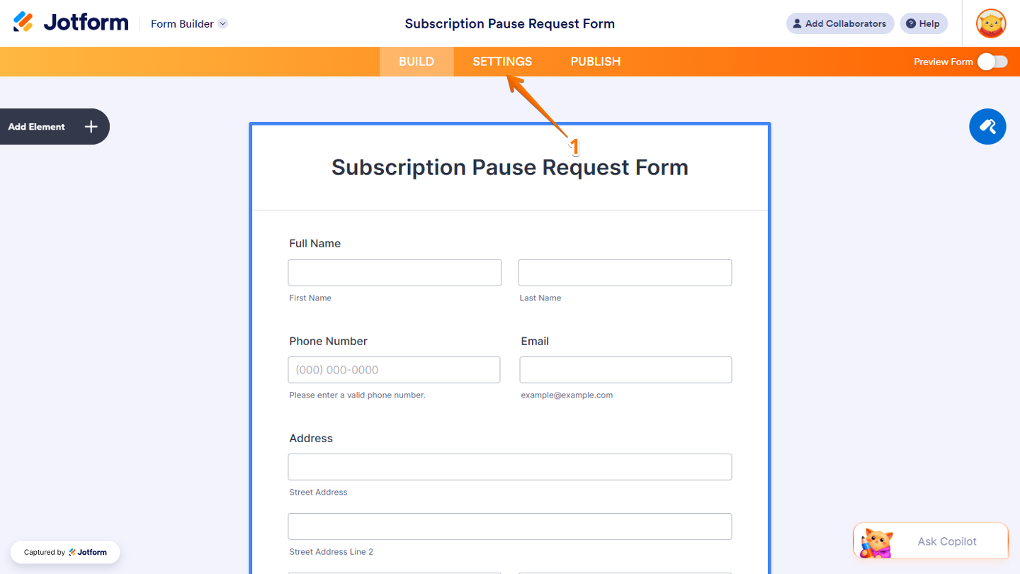 Form Builder showing the orange navigation bar at the top of the page with the Settings button ready to be selected