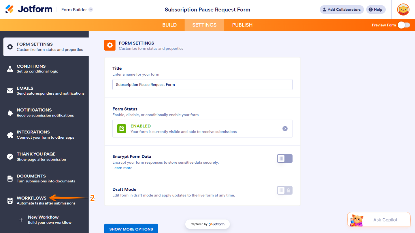 Form Settings page showing the left-side menu with the Workflows option ready to be selected