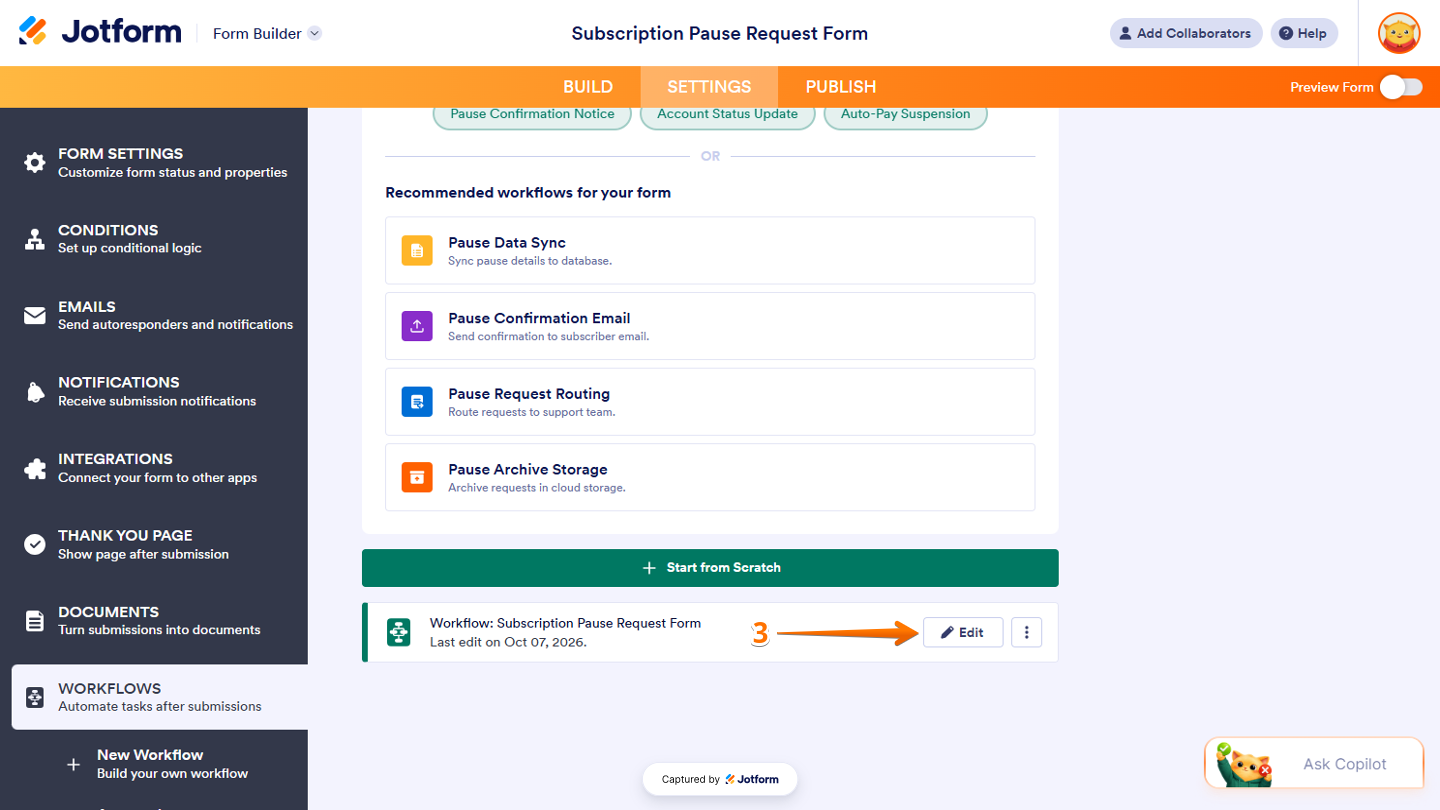 Workflows settings page showing a workflow near the bottom of the page with the Edit option available when hovering over it