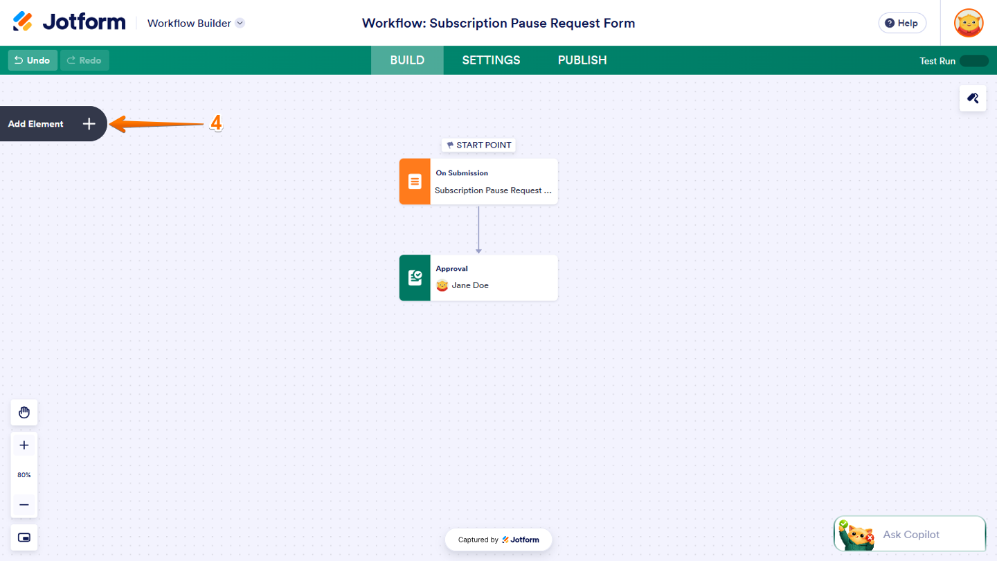 Workflow Builder showing the Add Element button on the left side of the page, ready to add a new element to the workflow
