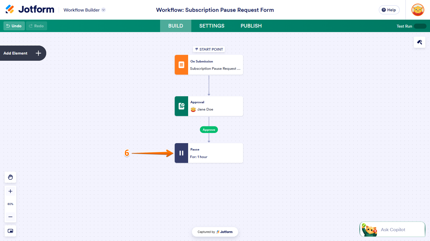 Workflow Builder showing the Pause element selected on the workflow, ready to configure its settings