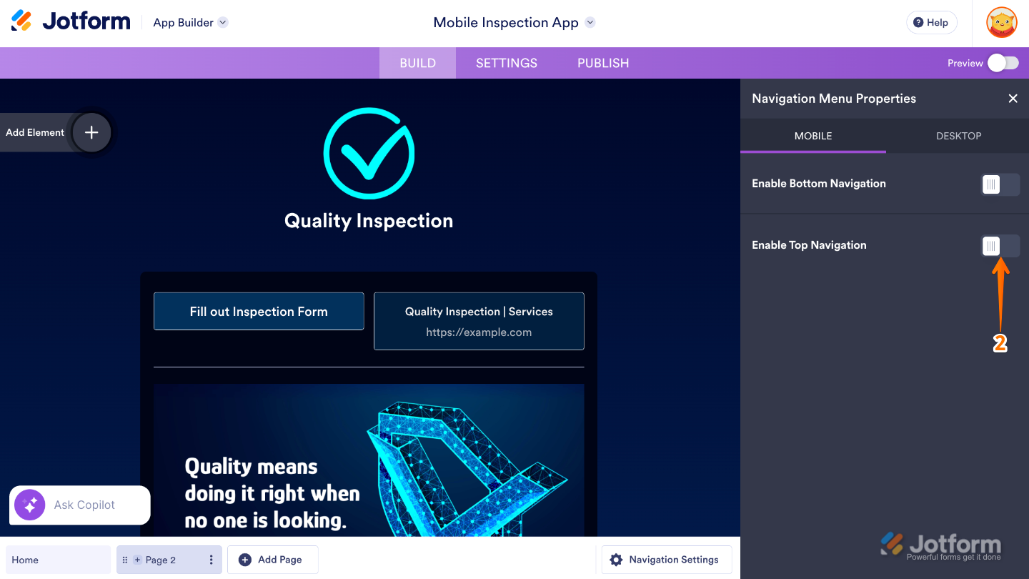 App Builder Navigation Menu Properties showing the Enable Top Navigation toggle turned on under the Action tab