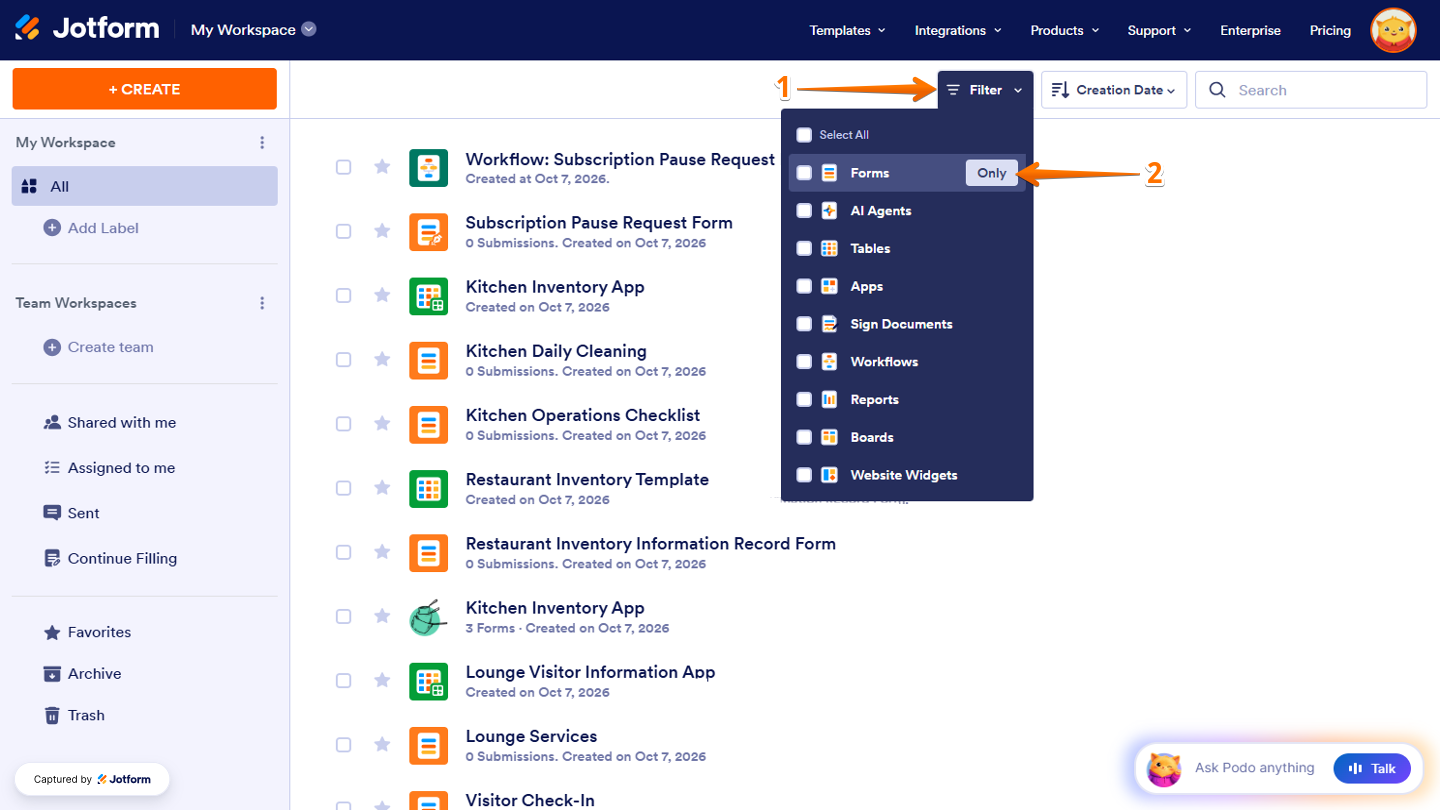 Jotform Workspace page showing the Filter dropdown menu with the Forms option expanded and Only available to display only forms