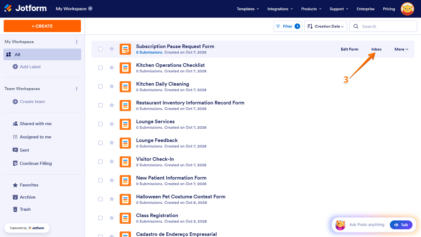 Jotform Workspace page showing a form with the Inbox option on the right side, ready to open its submissions