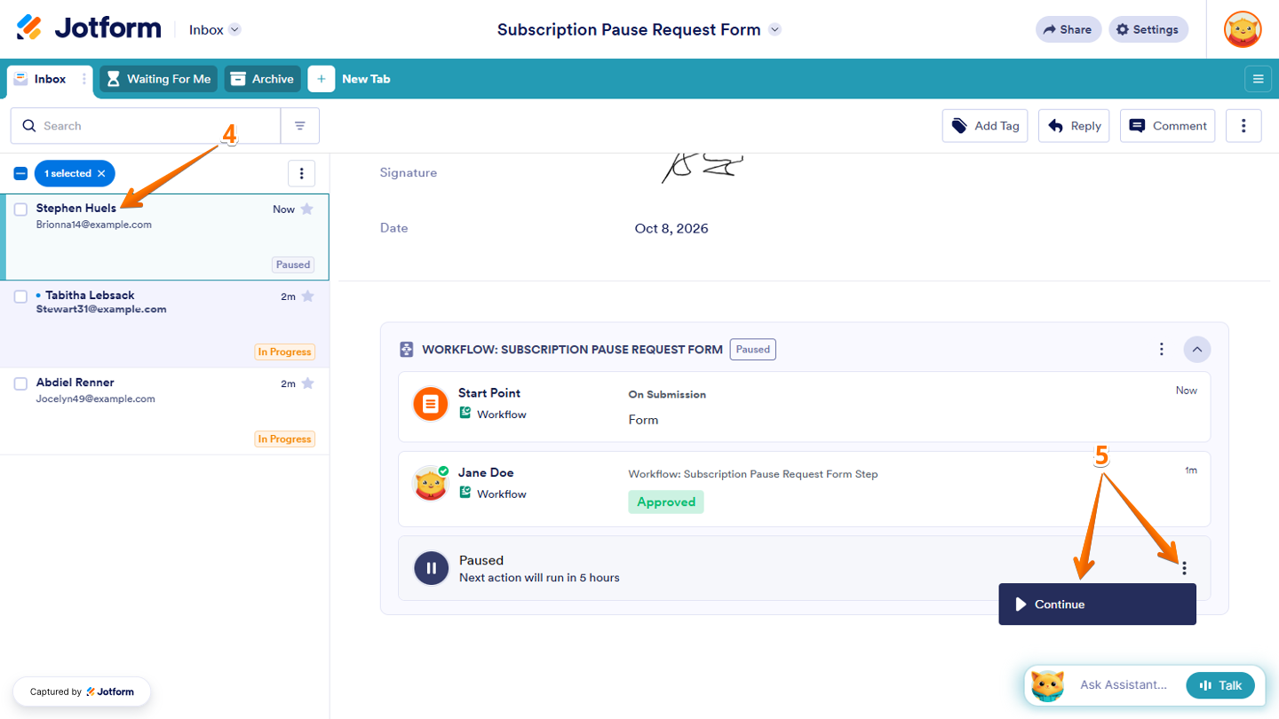 Jotform Inbox is showing a selected submission with the Paused section and its Three Dots menu open, displaying the Continue option to resume the workflow before the pause ends