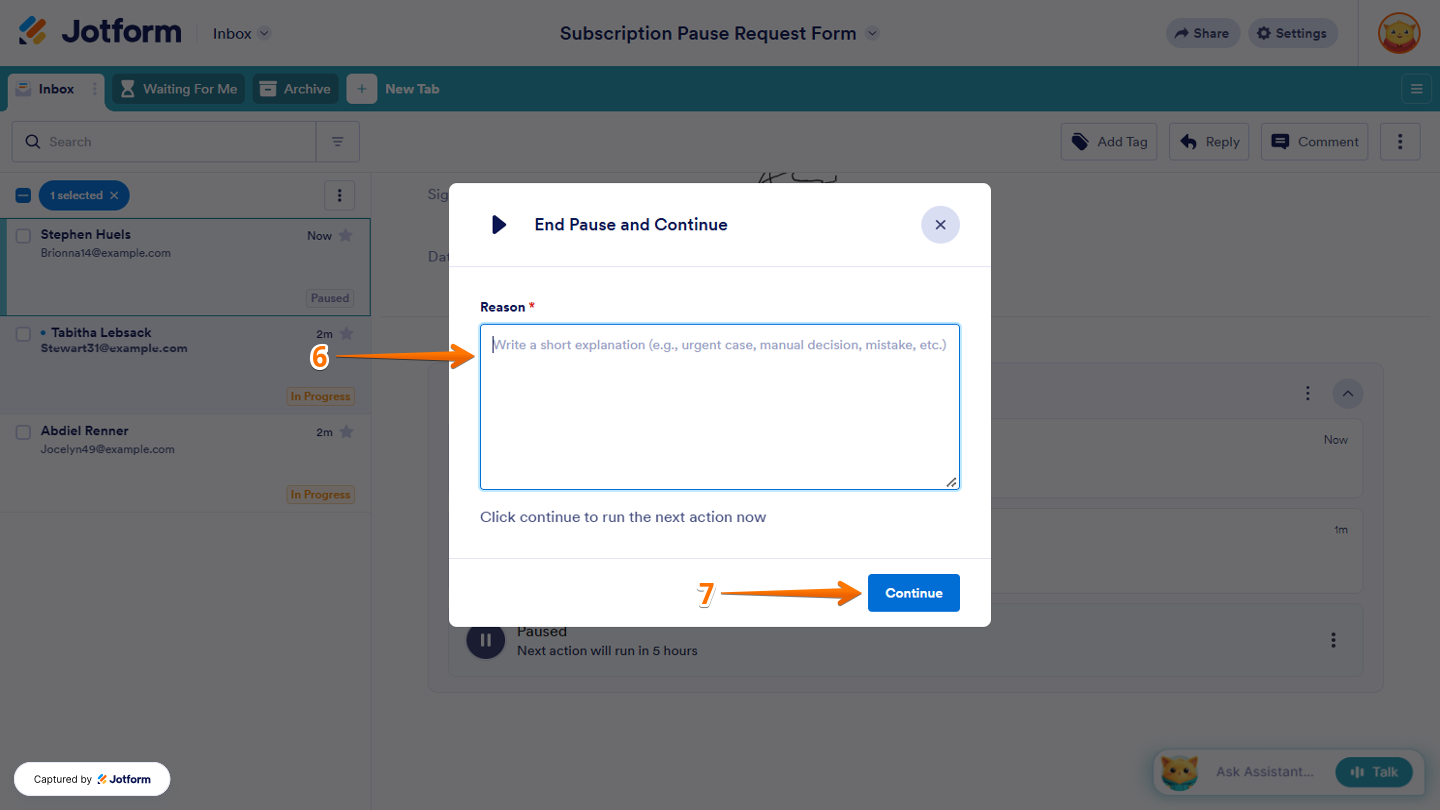 End Pause and Continue window in Jotform Inbox showing the Reason field for entering an explanation for ending the workflow pause, with the Continue button at the bottom