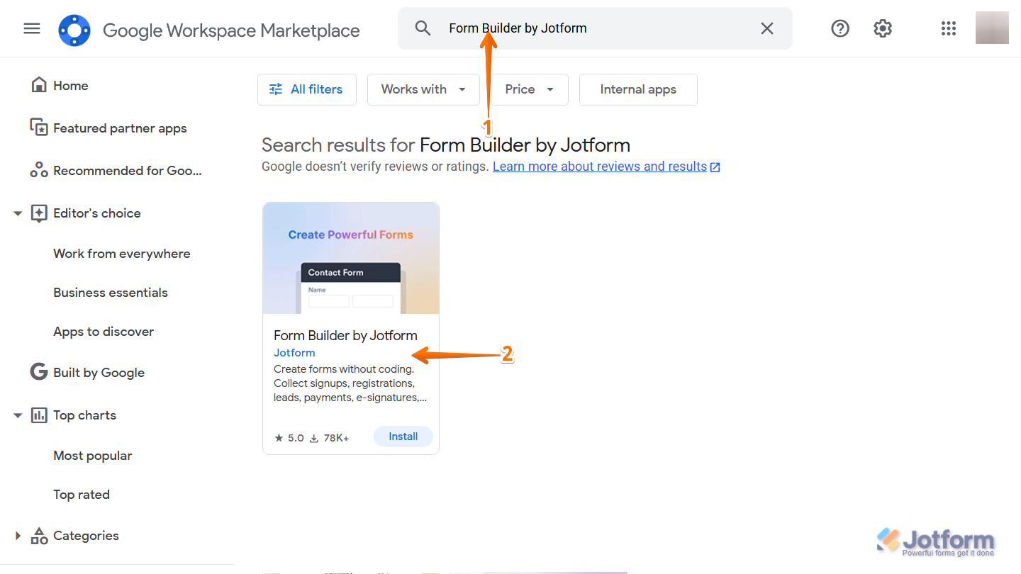 Google Workspace Marketplace search showing Form Builder by Jotform in search results