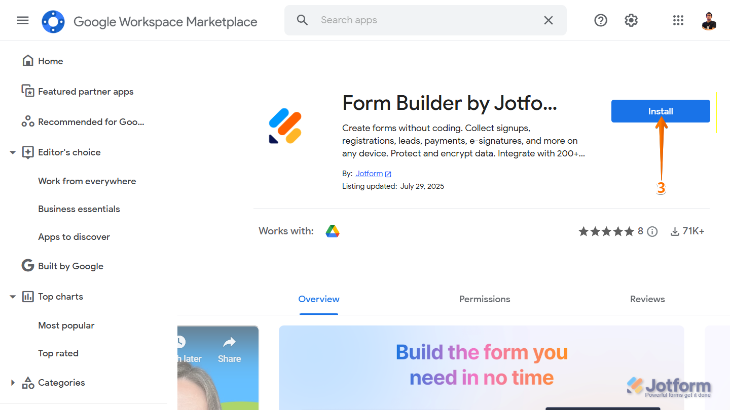 Google Workspace Marketplace listing showing Install button for Form Builder by Jotform