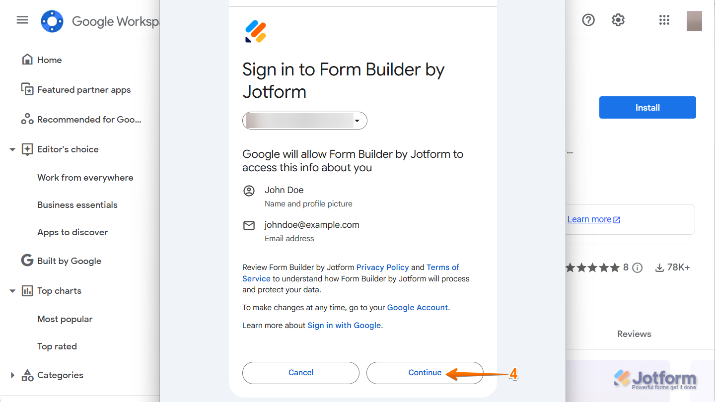 Google Workspace installation window showing sign in prompt and Continue button for Form Builder by Jotform