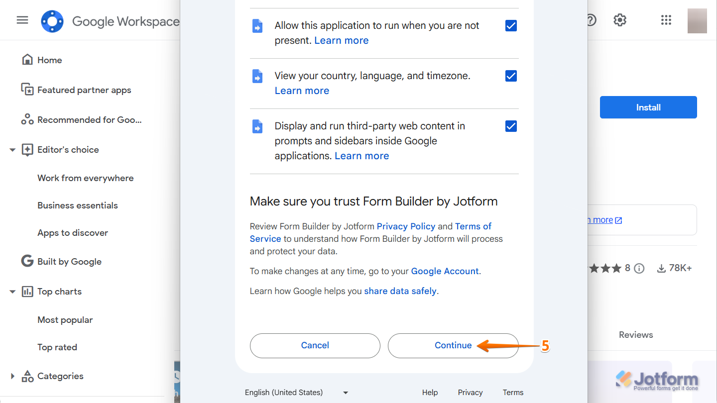 Google Workspace installation window showing requested app permissions checkbox and Continue button for Form Builder by Jotform