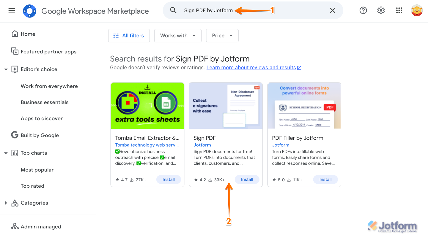 Google Workspace Marketplace search results showing ‘Sign PDF by Jotform’ selected from the top search bar