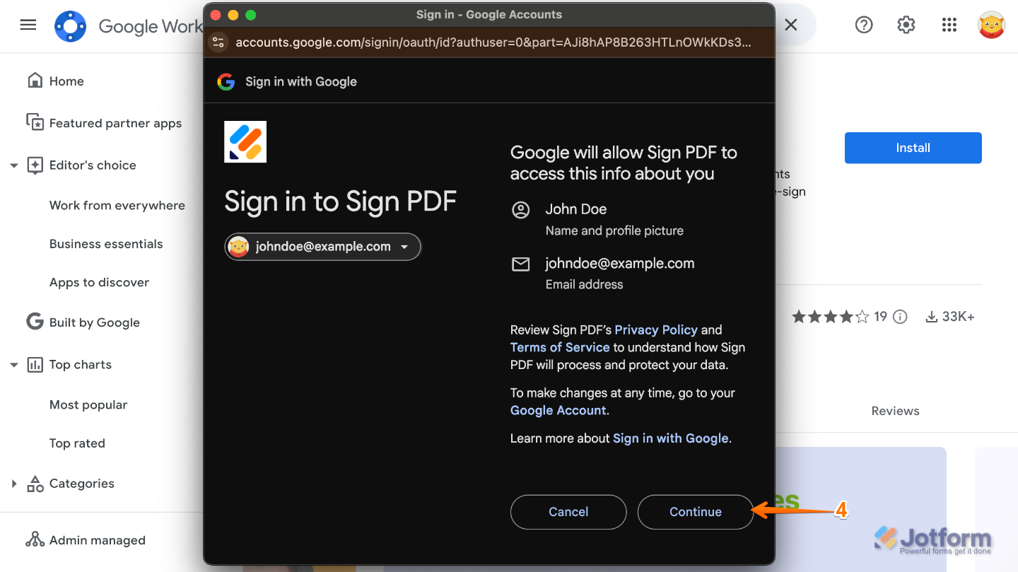 Google sign-in window for Google Workspace account with the Continue button selected