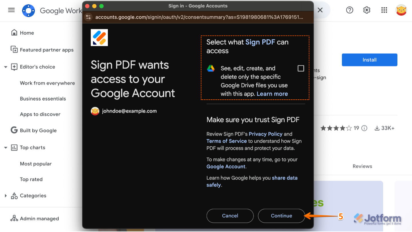 App permissions review screen with the required checkbox selected and the Continue button clicked to complete installation
