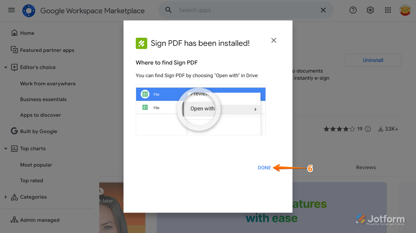 Confirmation window displaying the Done button selected to complete the installation