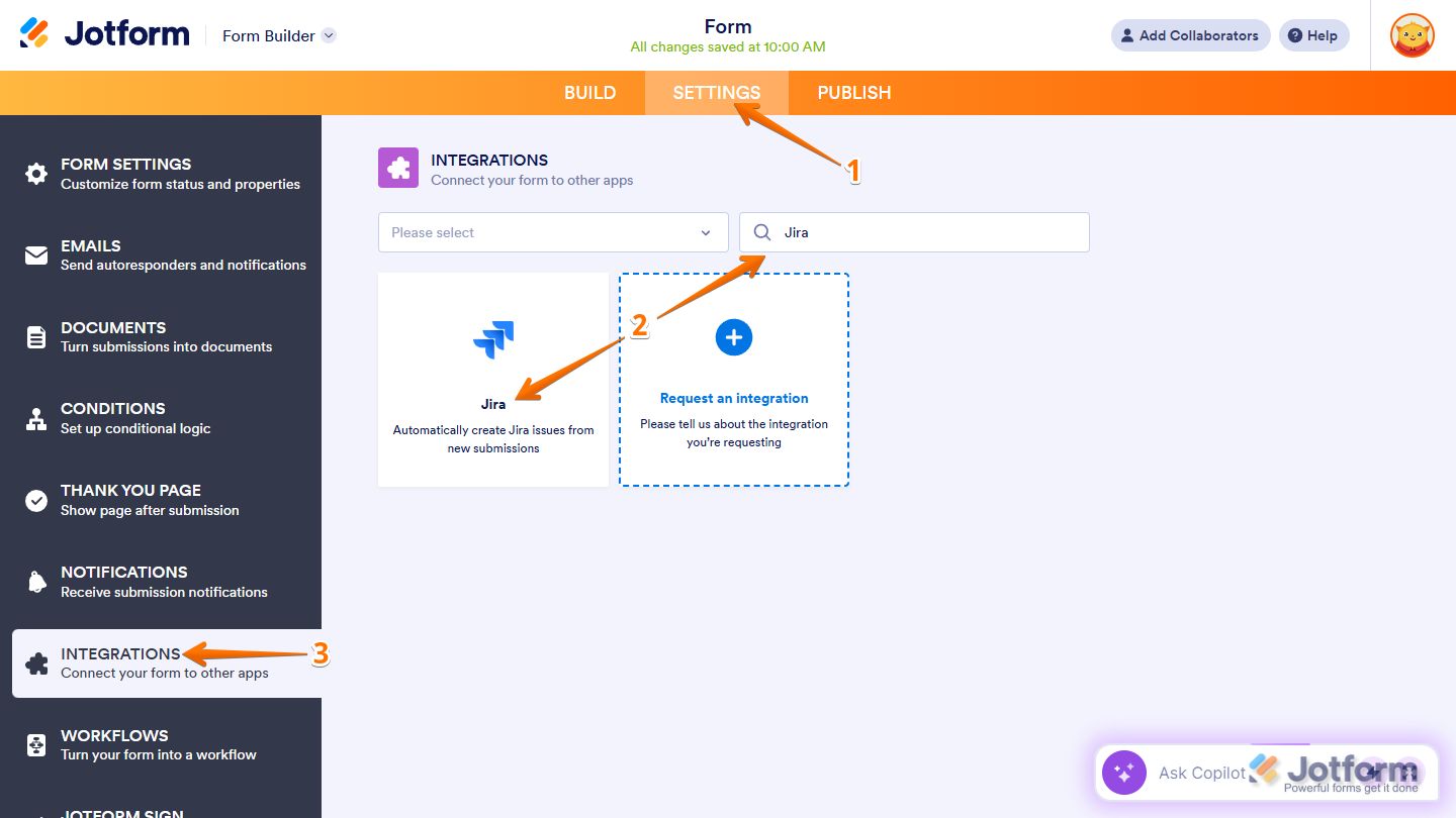 Jira integration in the Integrations tab of the Jotform Form Builder