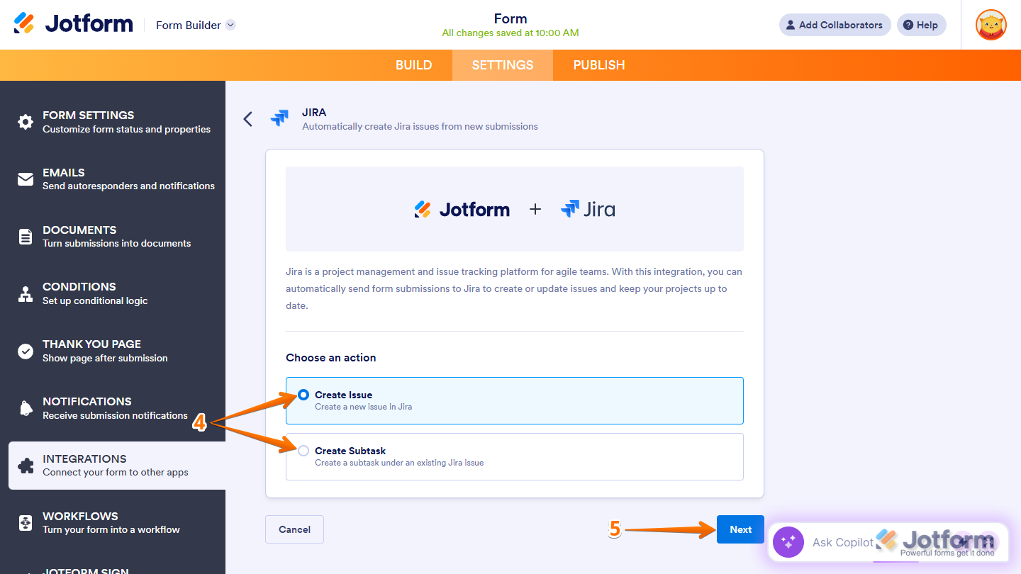 Choose an action section in the Jira integration settings