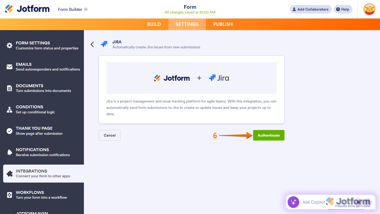 Authenticate button in the Jira integration settings