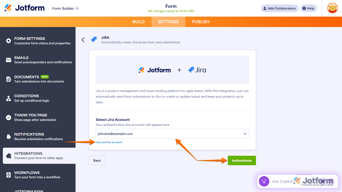 Select Jira Account dropdown menu in the Jira integration