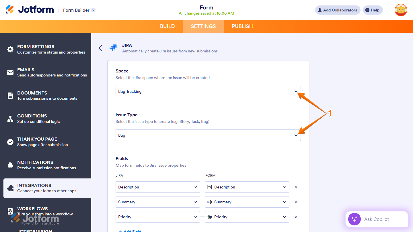 Create issue options in Jira integration settings