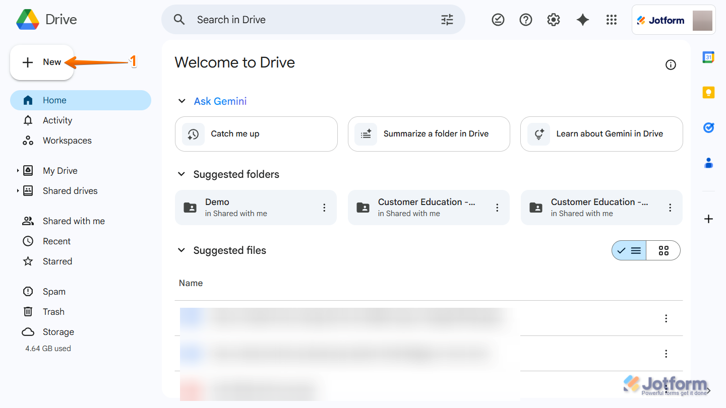 Google Drive menu showing New button in the top left corner