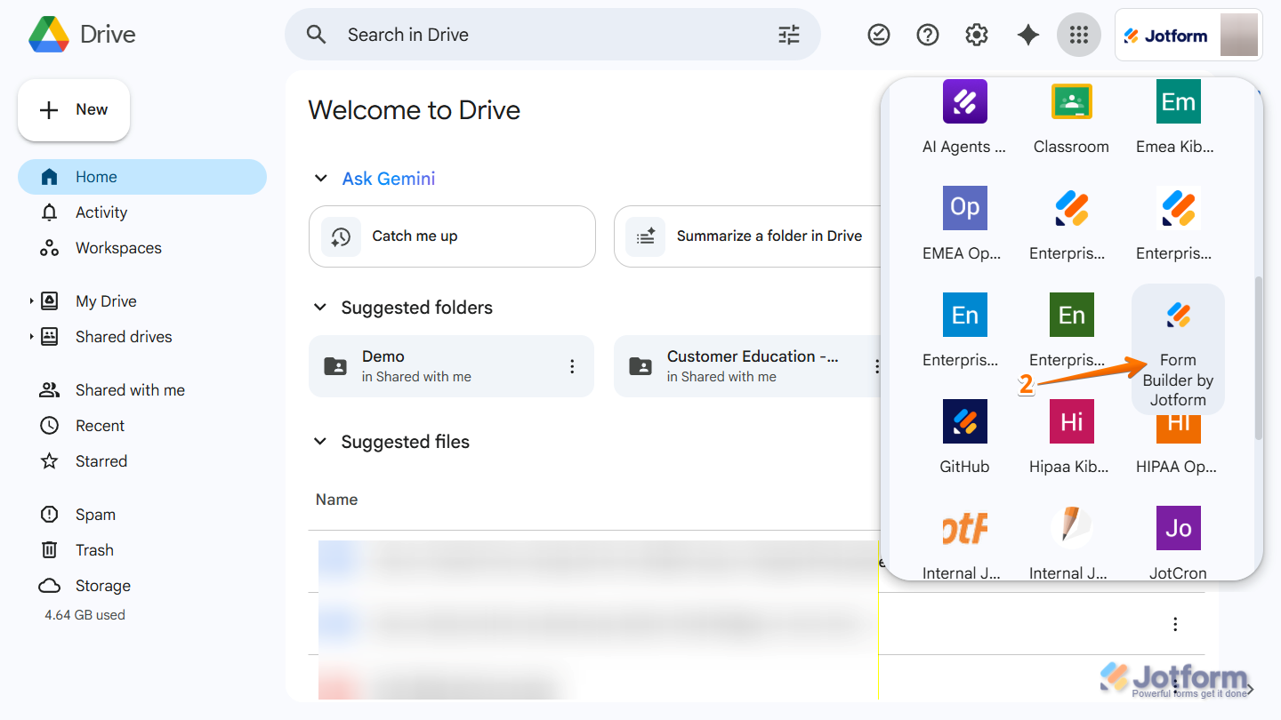 Google Workspace app launcher showing Form Builder by Jotform app selection