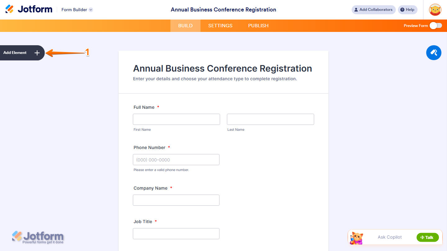 Jotform Form Builder with the Add Element button visible on the left side of the page for adding a new form element