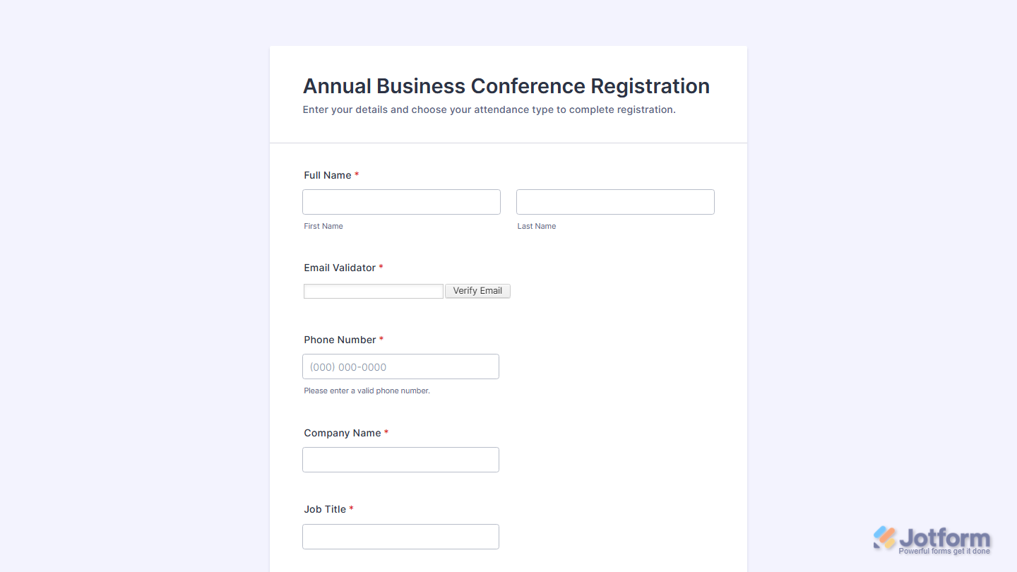 Jotform Form Builder showing the successfully added and configured E-mail Validator widget, ready to verify respondents’ email addresses using a verification code