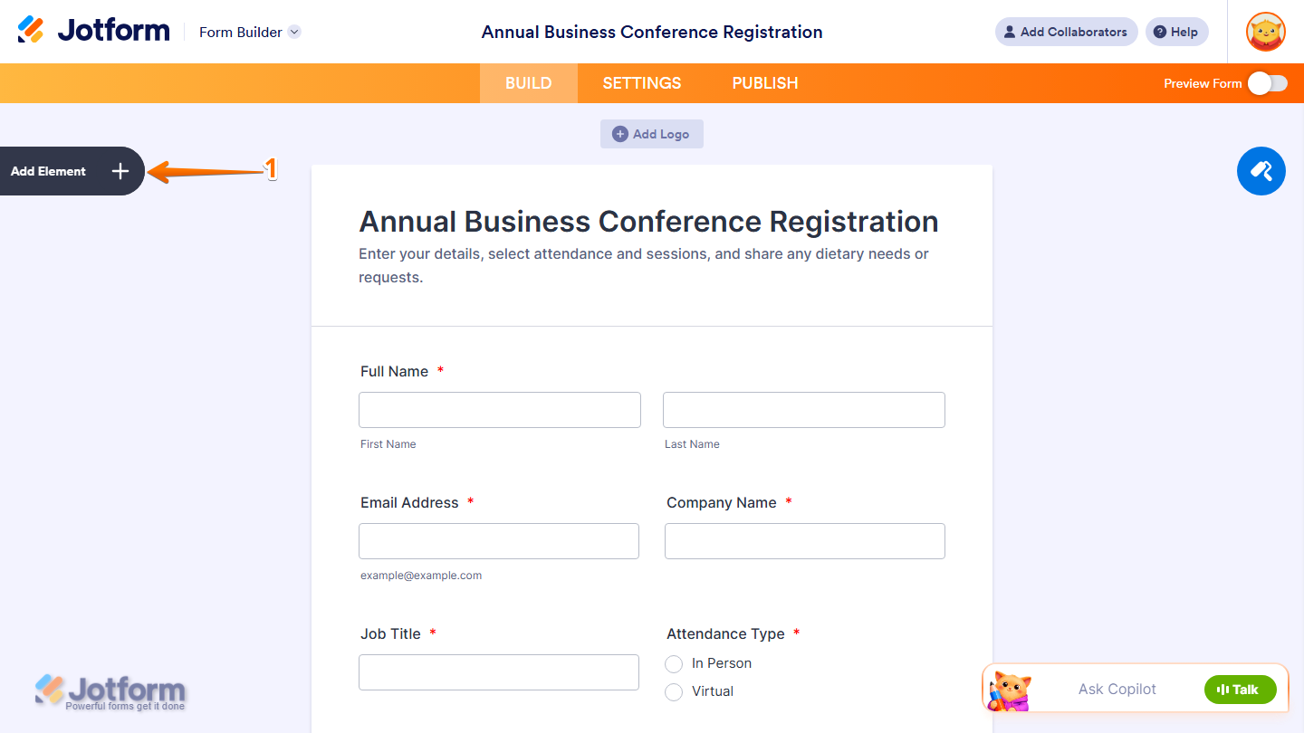 Jotform Form Builder with the Add Element button visible on the left side of the page for adding a new form element