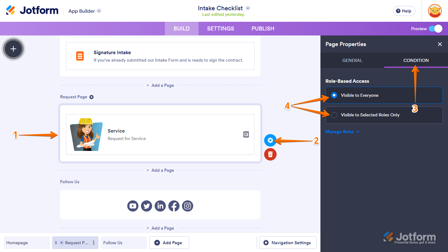 Role-Based Access in the Condition tab of the Page Properties in the Jotform App Builder