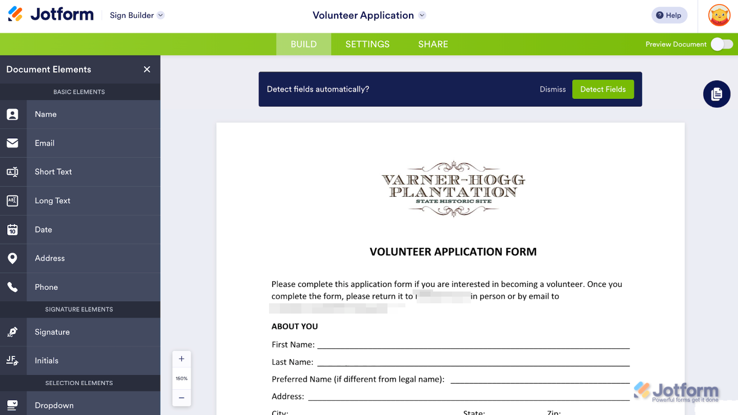Sign Builder interface showing a PDF ready for adding fields, assigning signers, and collecting electronic signatures