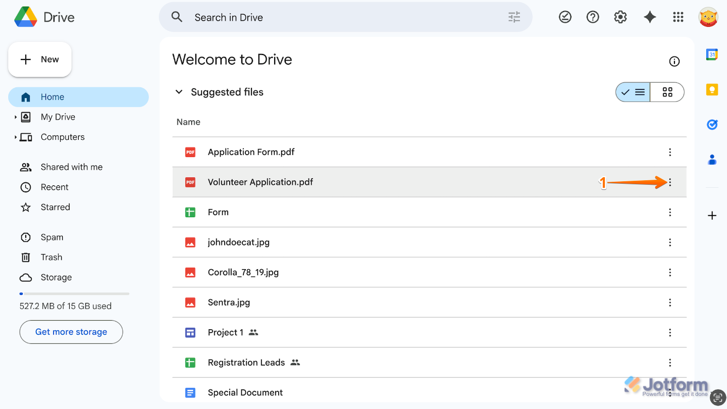 Google Drive interface showing a PDF file with the Three Dots menu icon on the left side of the page