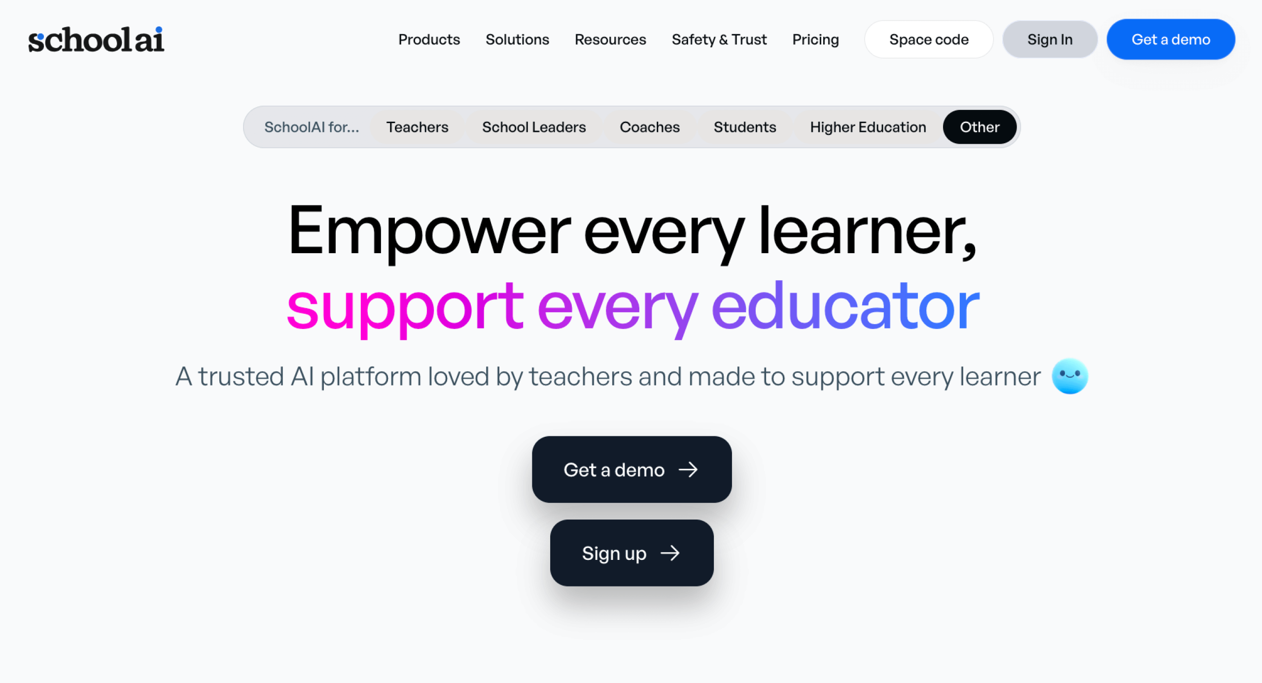 Screenshot of SchoolAI landing page