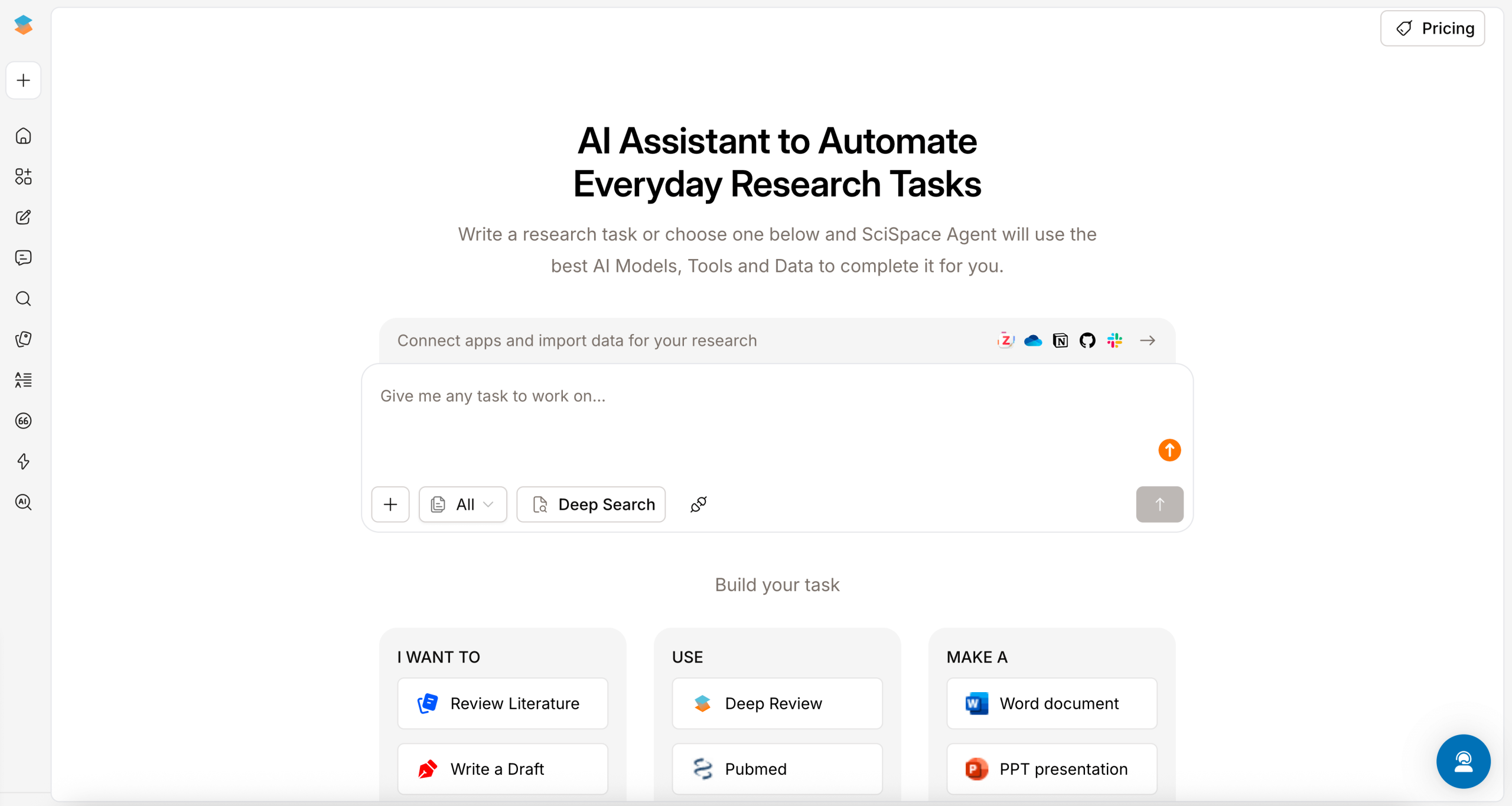Screenshot showing SciSpace's user interface for an AI research assistant platform