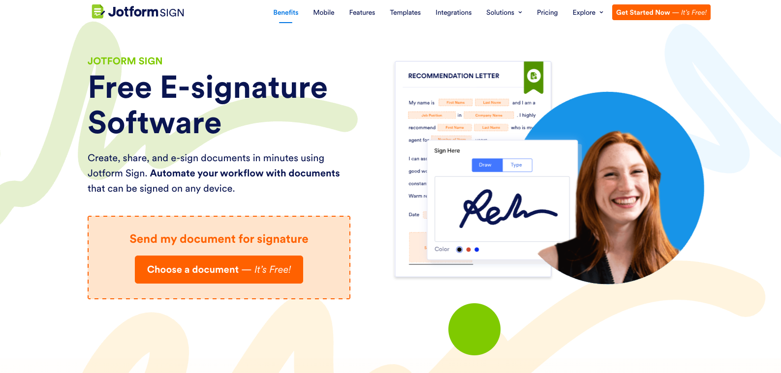 Jotform Sign website with the Get Started Now button highlighted