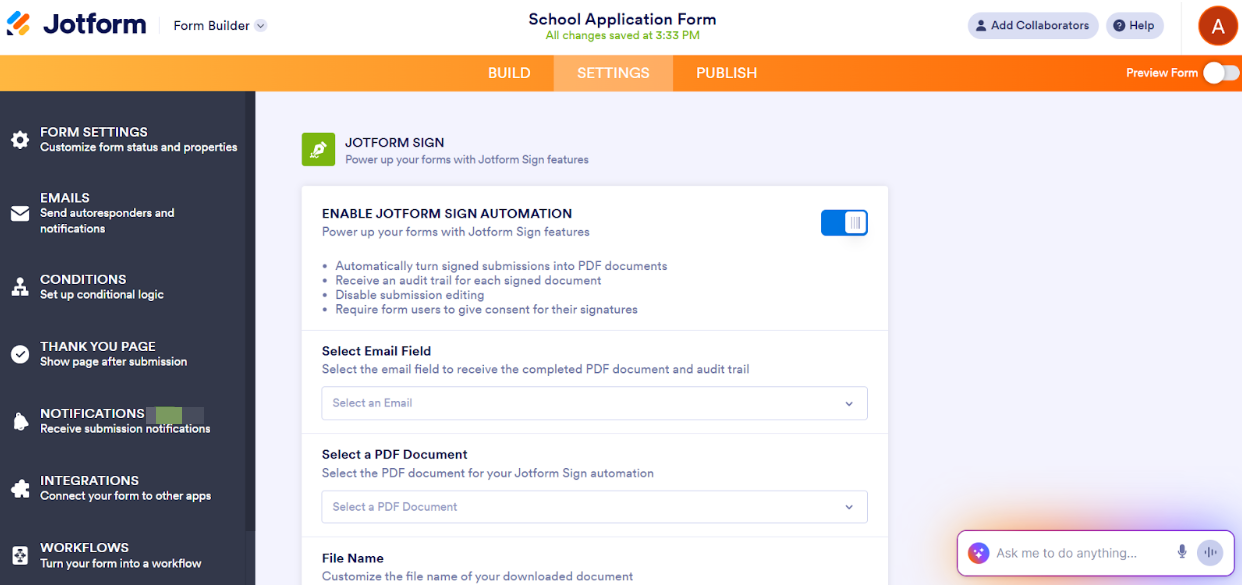Jotform Form Builder interface showing the Enable Jotform Sign Automation toggle