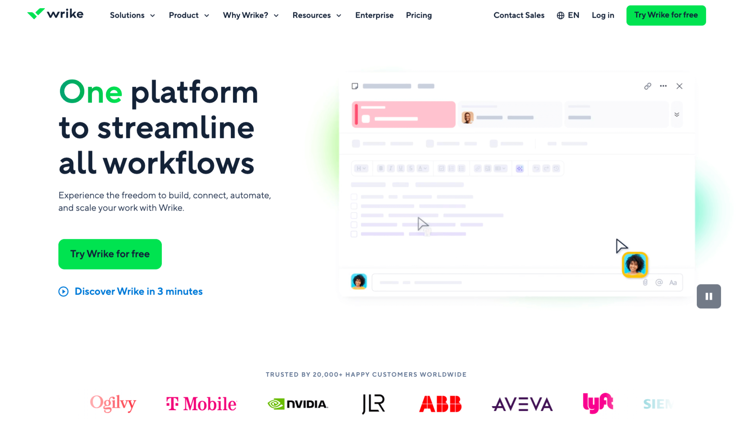 Screenshot of Wrike landing page