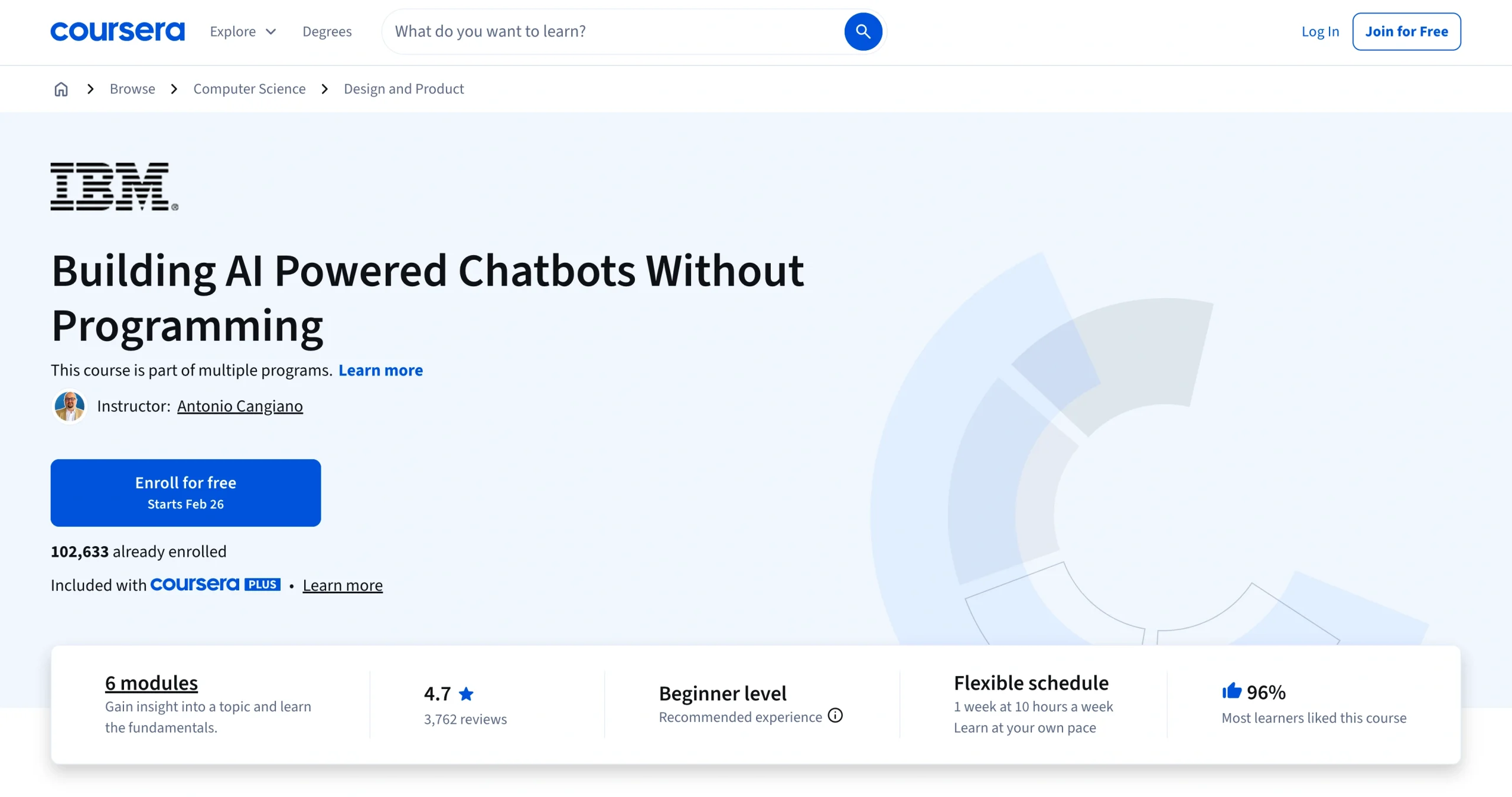 Coursera course page titled “Building AI Powered Chatbots Without Programming,” offered by IBM, showing course banner, enrollment button, rating, beginner level, and flexible schedule details