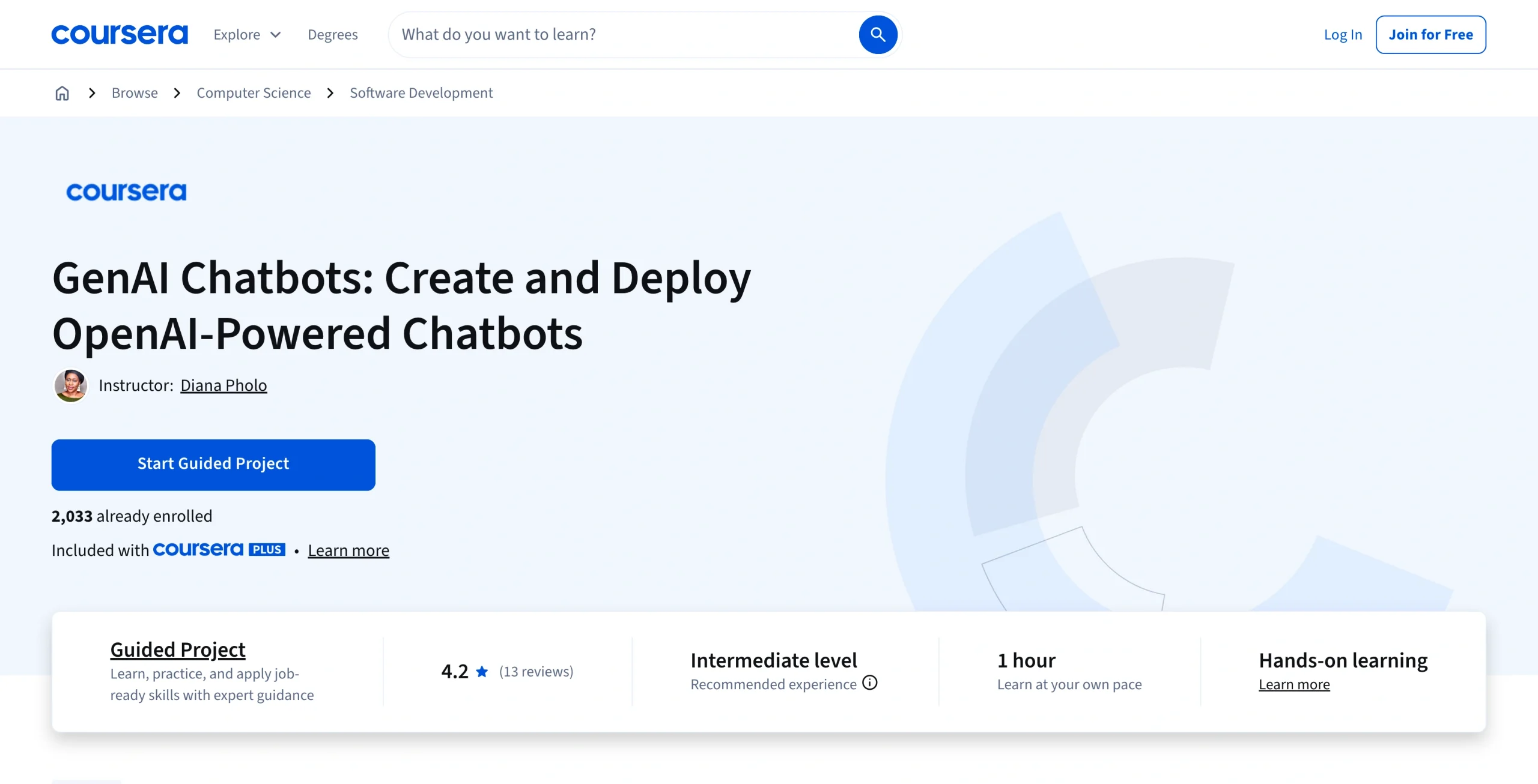 Coursera guided project page titled “GenAI Chatbots: Create and Deploy OpenAI-Powered Chatbots,” showing instructor name, “Start Guided Project” button, enrollment count, rating, intermediate level, duration, and hands-on learning details