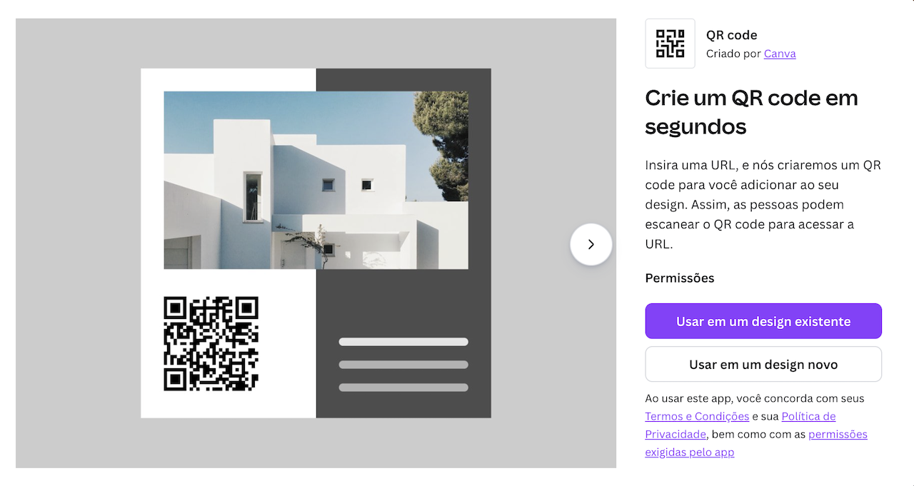 Captura de tela da página do gerador de QR codes do Canva
