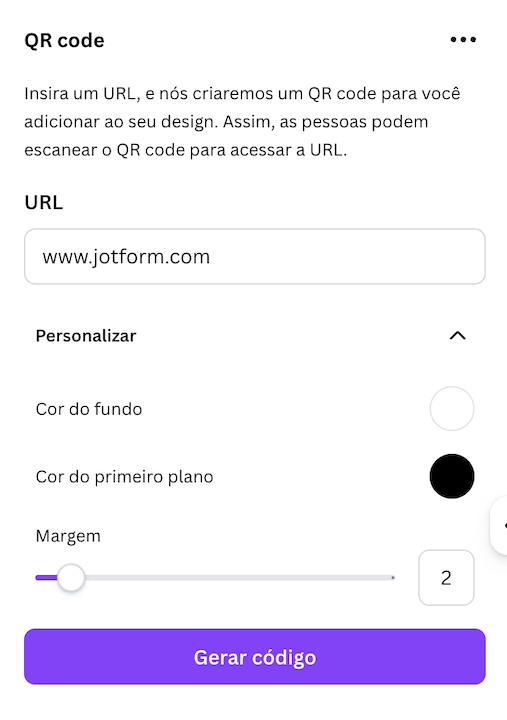 Captura de tela da interface do gerador de QR codes do Canva