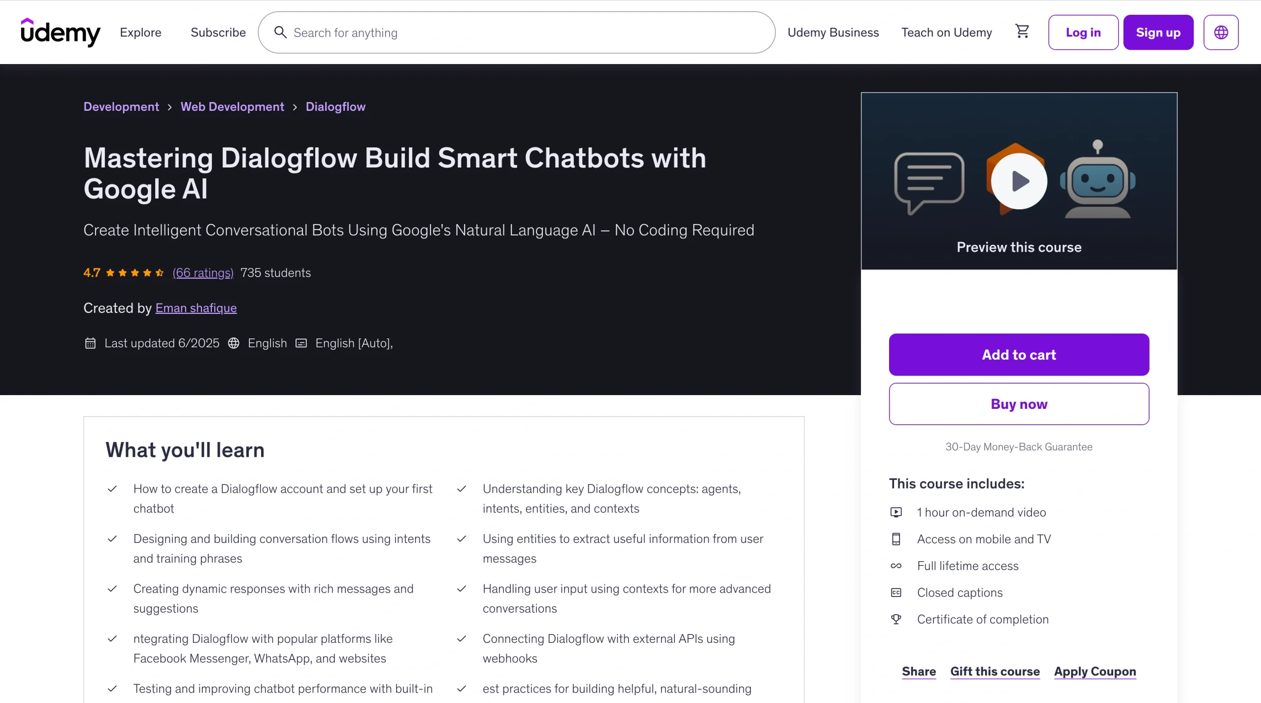 Udemy course page titled “Mastering Dialogflow: Build Smart Chatbots with Google AI,” showing instructor details, rating, course preview, and purchase options
