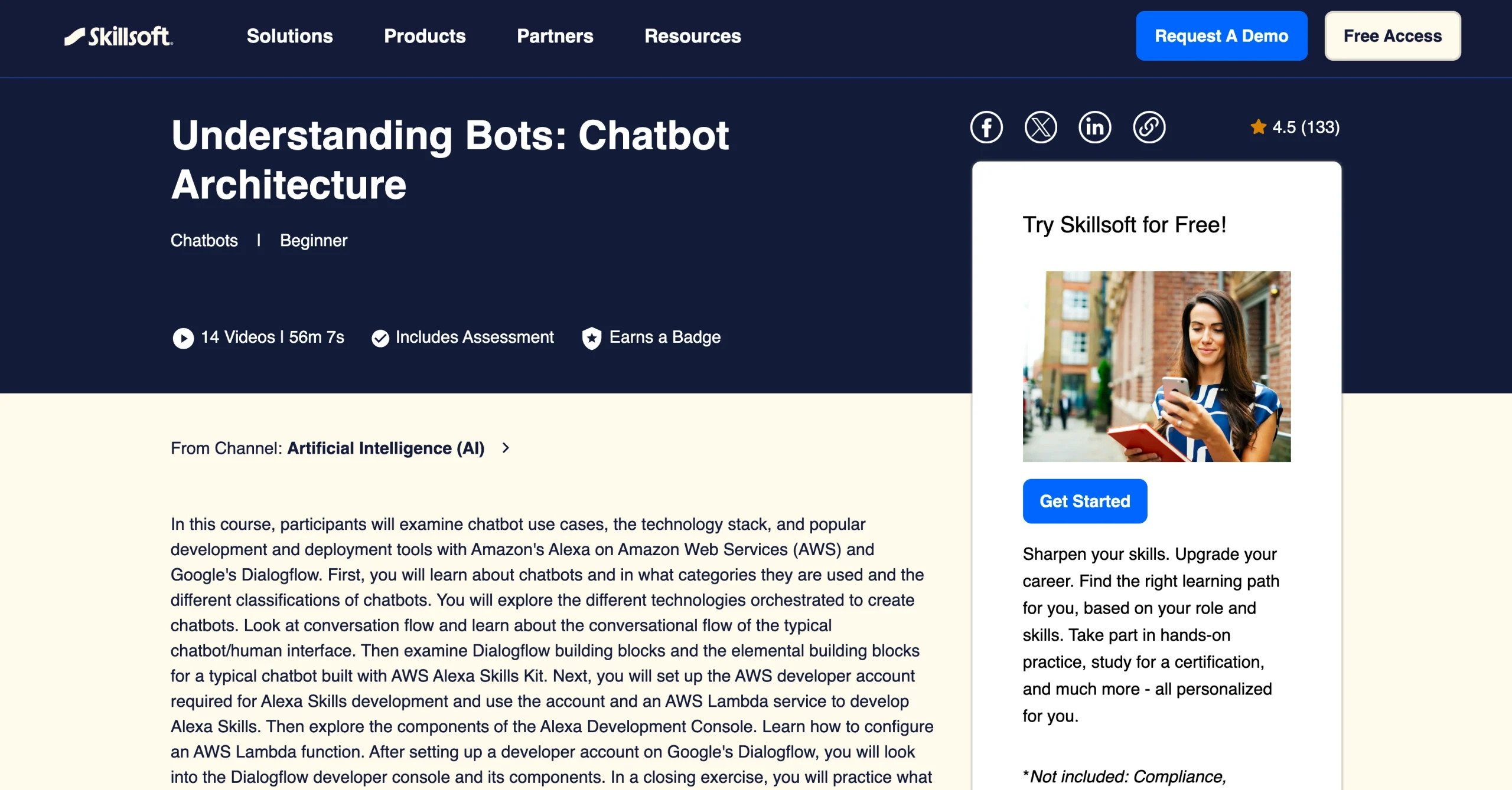 Skillsoft course page titled “Understanding Bots: Chatbot Architecture,” labeled Beginner, showing course details, rating, video count, and a “Try Skillsoft for Free” sidebar with a Get Started button