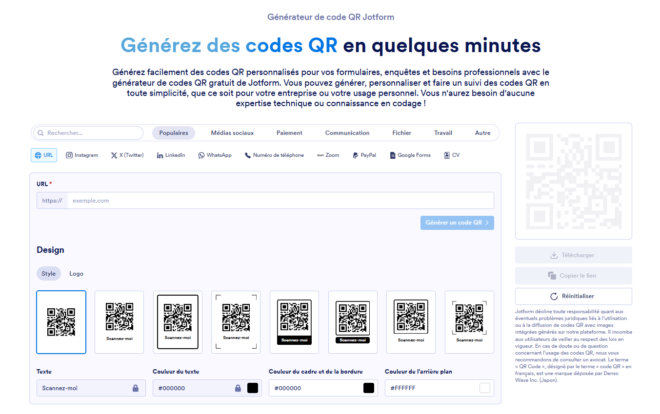 Capture d'écran de la page de présentation du Générateur de code QR de Jotform