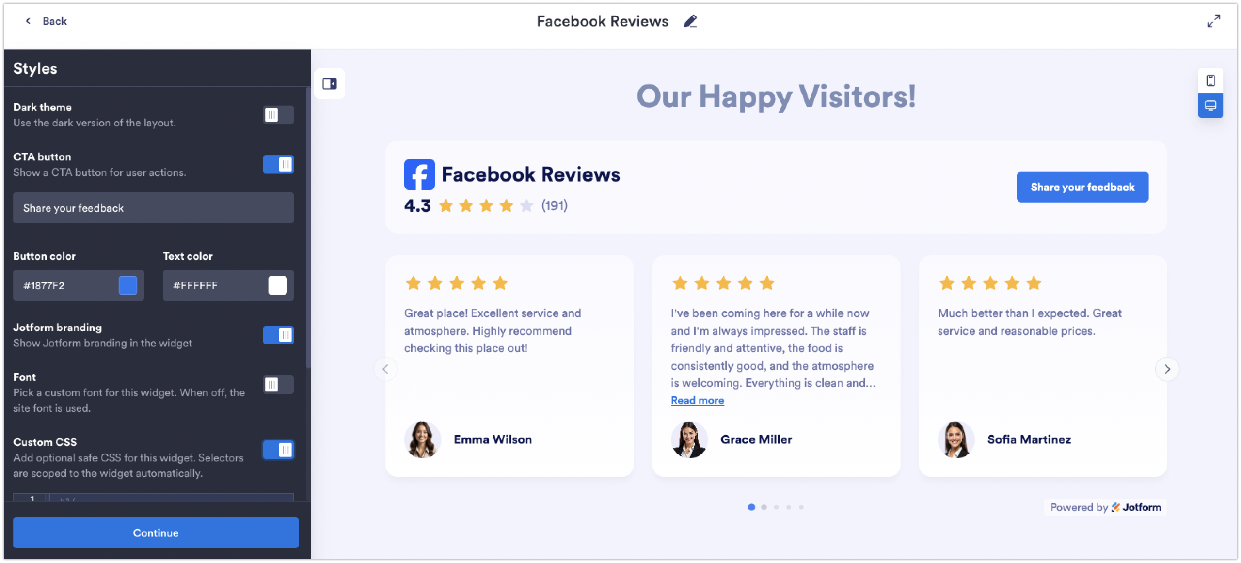Jotform Facebook Reviews Widget Styles Menu