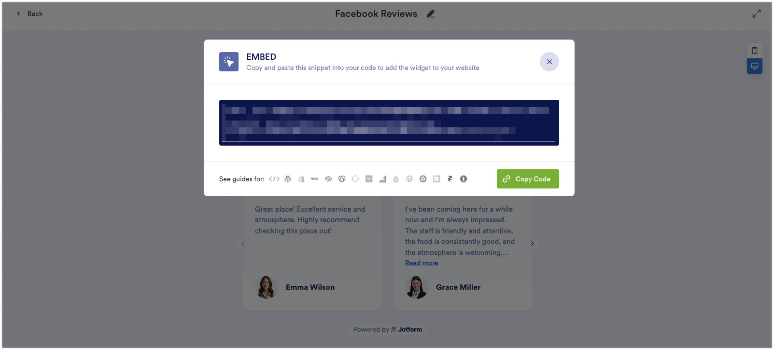 Jotform Facebook Reviews Widget Embed Code Pop-up