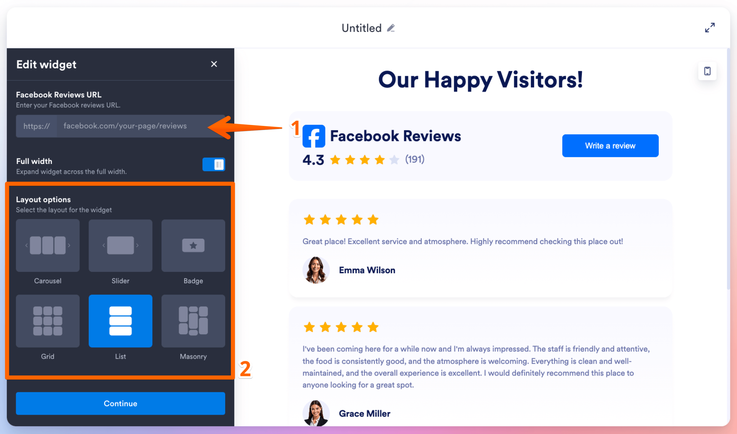 Widget setup screen with a field to enter a Facebook Reviews URL, layout options (Carousel, Grid, etc