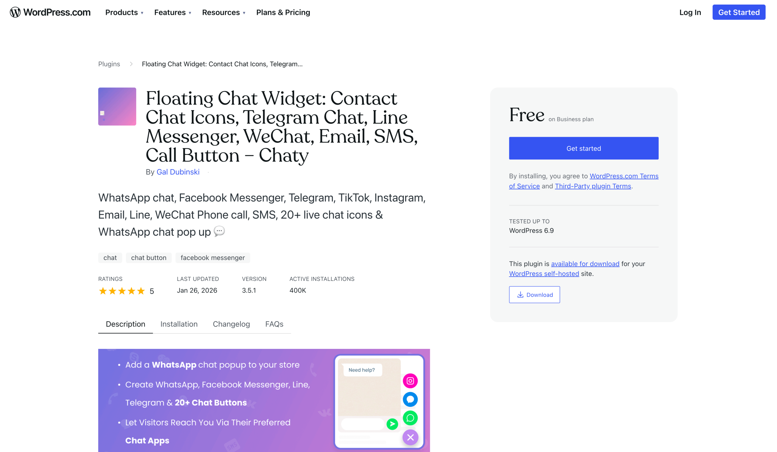 Screenshot of the Chaty plugin landing page in the WordPress plugin directory
