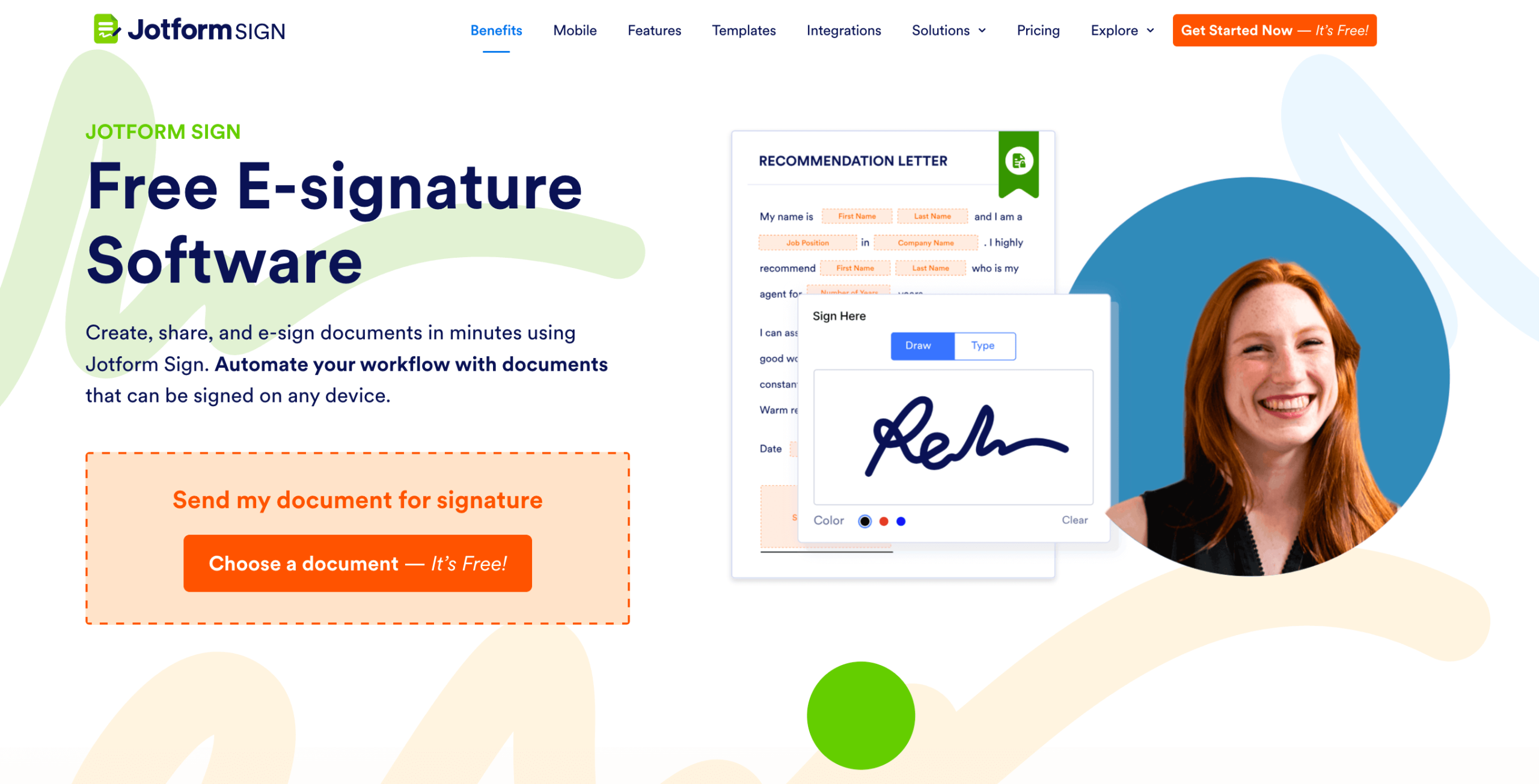 Jotform Sign webpage showing 'Free E-signature Software' in bold text