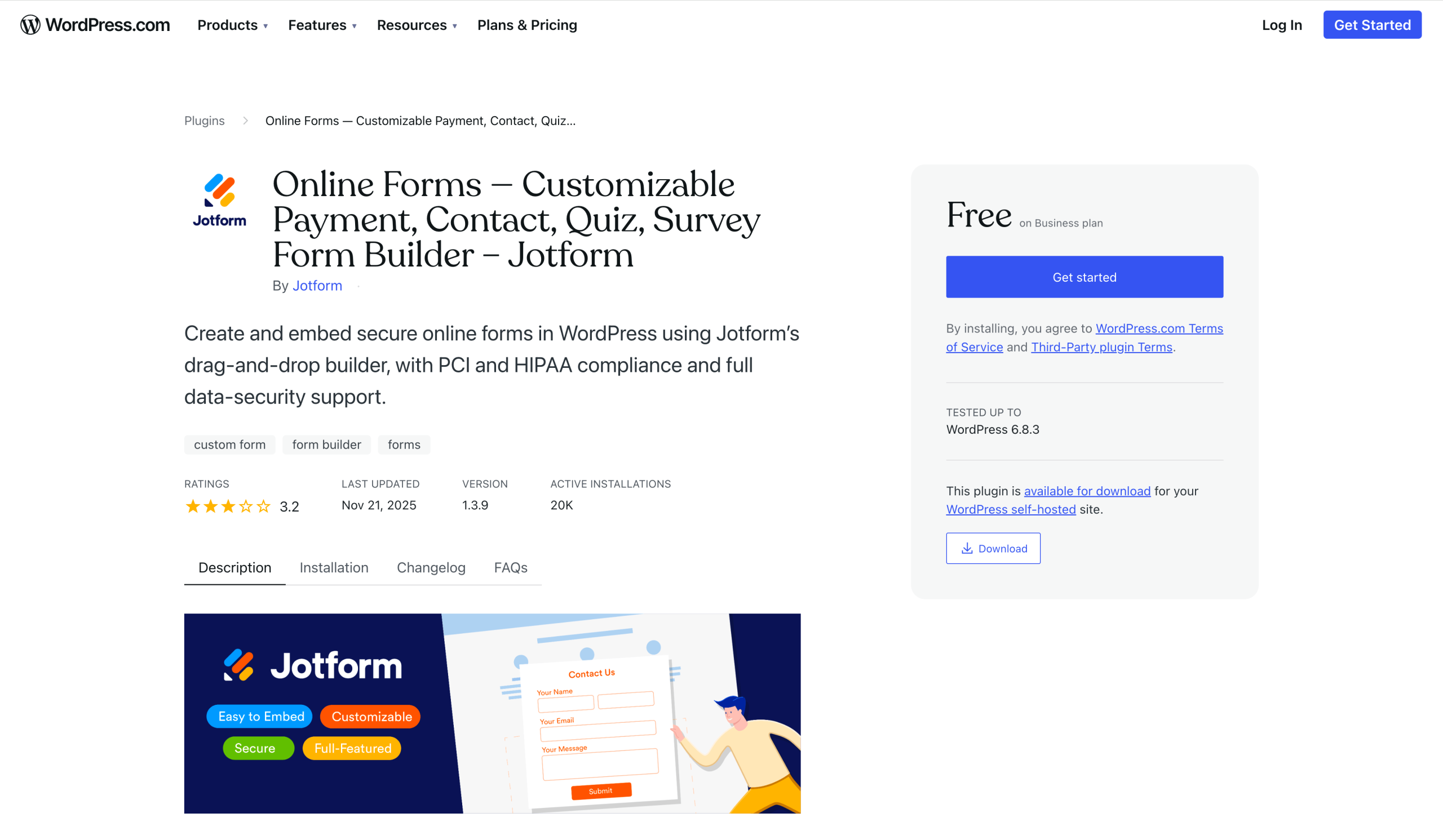 Screenshot of the Jotform Online Embed forms plugin landing page in the WordPress plugin directory